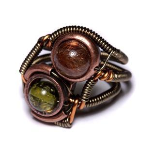 Ring GREEN AMBER and COPPER RUTILATED QUART